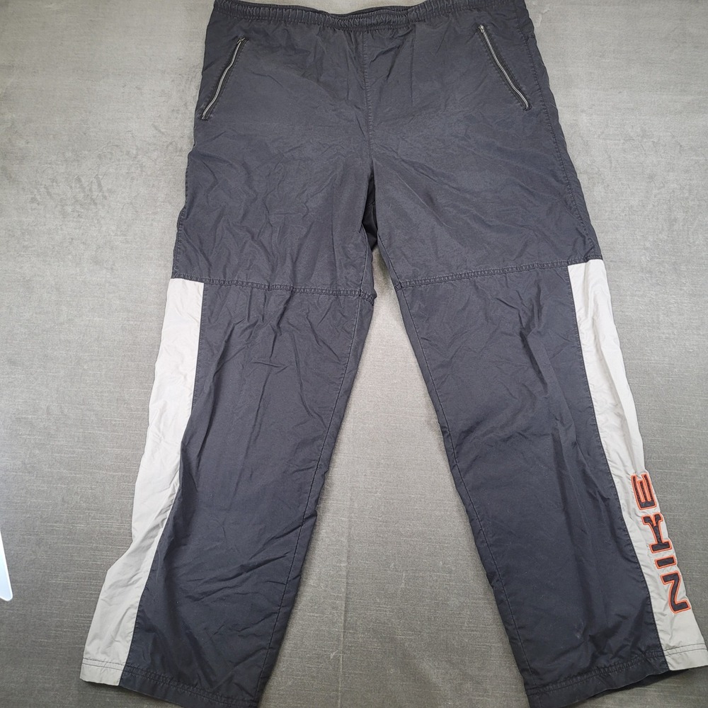 Nike Mens XL Windbreaker Track Pants Black Gray Jersey Lined Zip Pocket Spellout